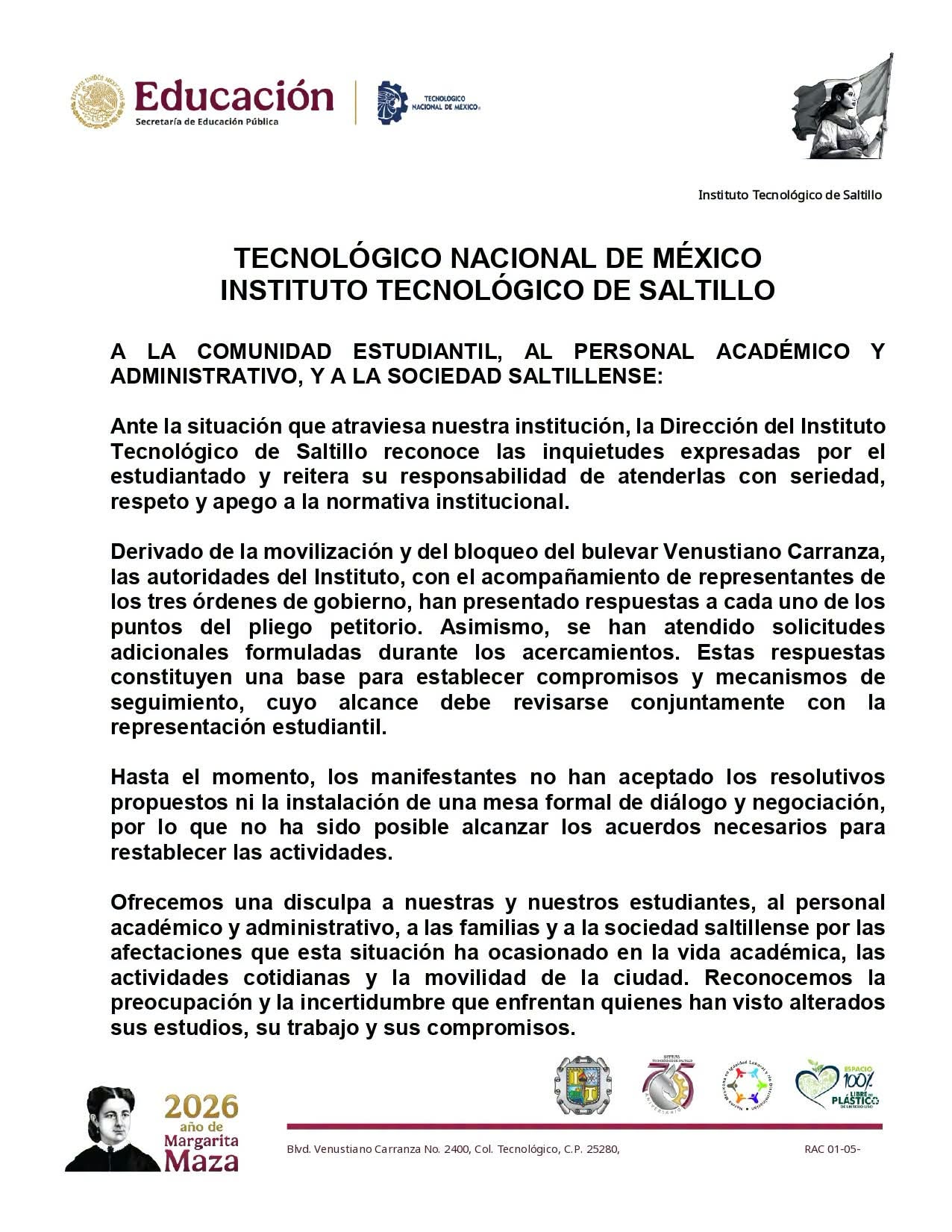 Sin fecha para regresar a clases en el Tecnológico de Saltillo; peligra realización de graduaciones