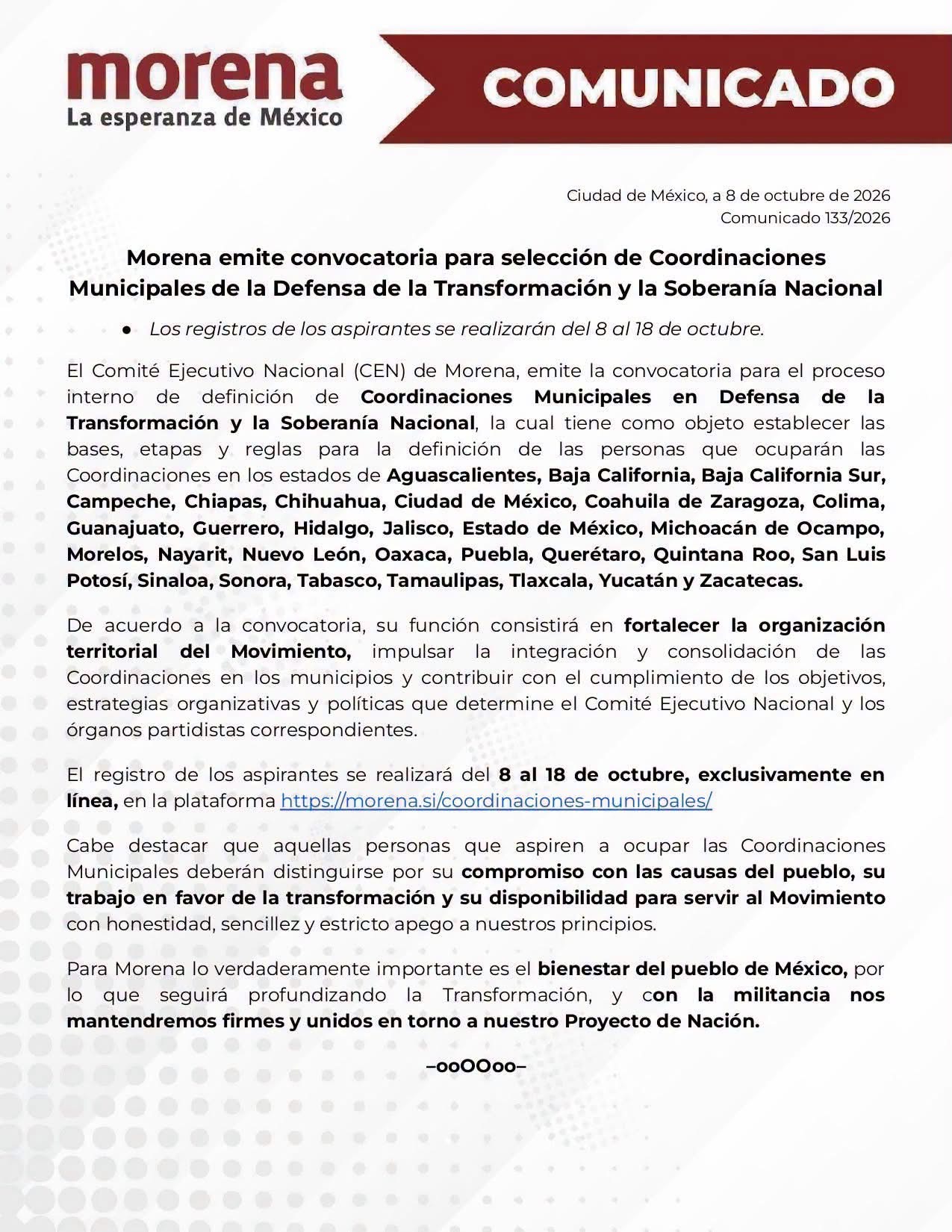 Morena abre convocatoria para elegir coordinadores municipales en Coahuila y otros 26 estados