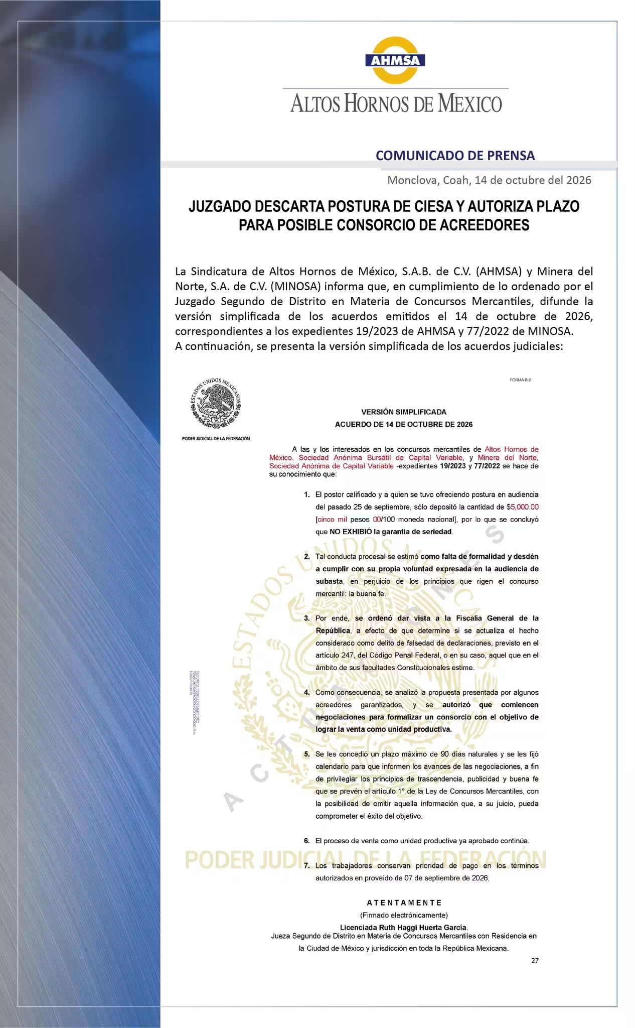 CIESA deposita solo 5 mil pesos de una garantía de 56.3 millones de dólares por AHMSA