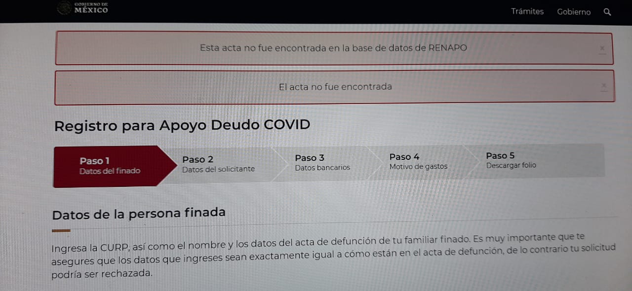Falla en su primer día plataforma digital de apoyos para familiares de fallecidos por Covid