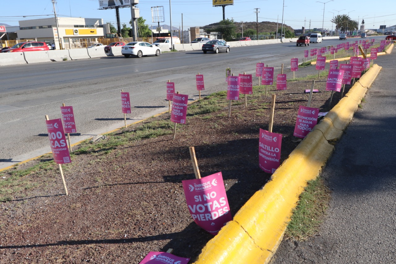 Colocan propaganda política en jardineras del V Carranza