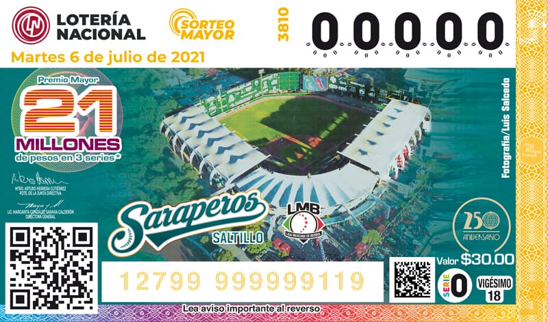 Celebra Saraperos de Saltillo 50 años de historia con boleto de la Lotería Nacional