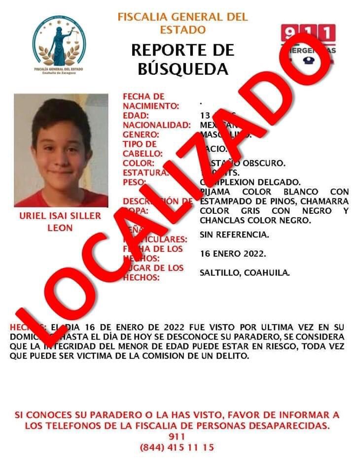 Localizan a menor con reporte de desaparición; ya fue entregado a su familia.