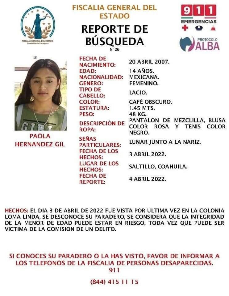 Piden ayuda a la ciudadanía para encontrar a Paola