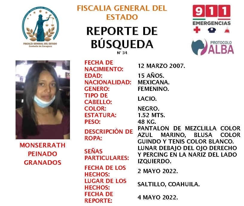 Buscan a jovencita de 15 años en Saltillo