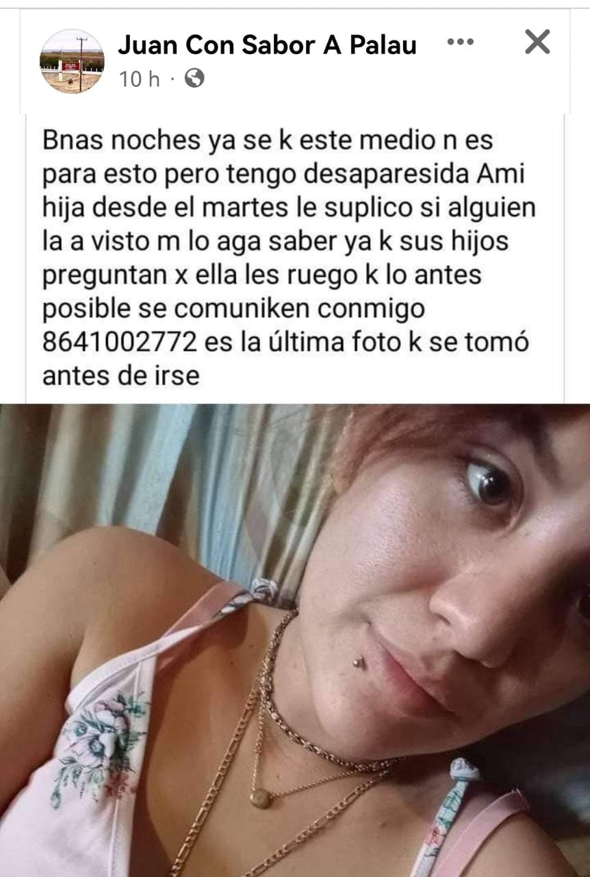 Buscan a joven madre de familia de Múzquiz tiene una semana desaparecida