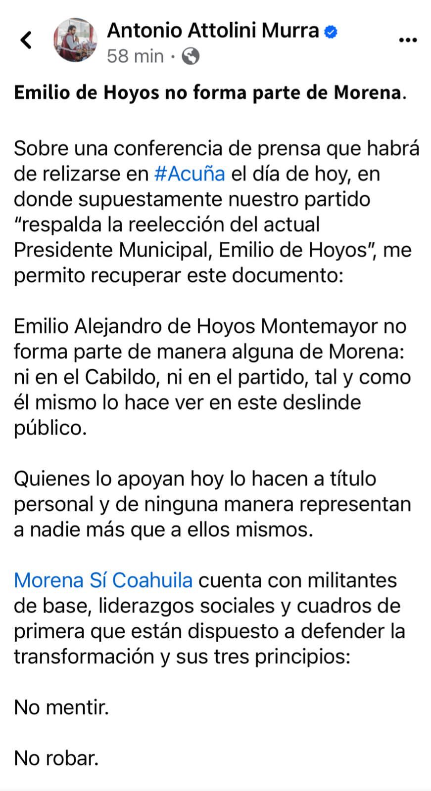 Desconoce Morena a Emilio de Hoyos