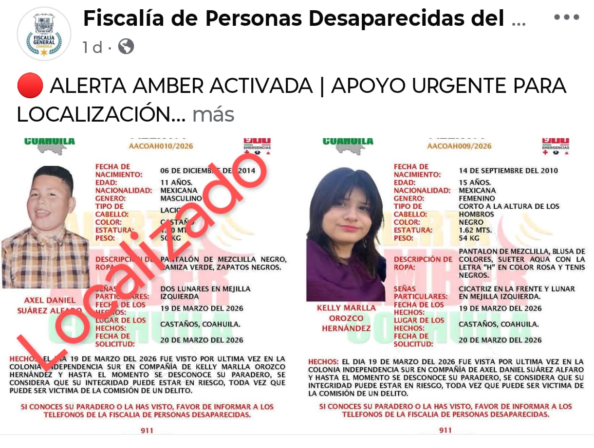 Hallan a menor de Castaños; sigue búsqueda de Kelly